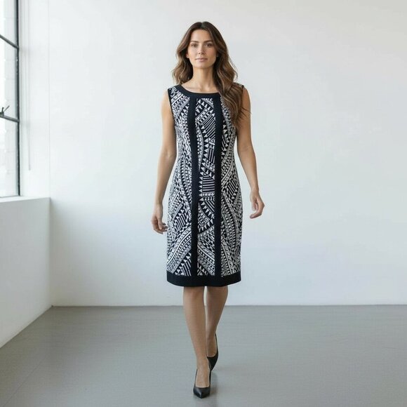 60s Mod Print Retro Nina Ricci Style Sleeveless Dress Black & White Shift Dress - Picture 15 of 16